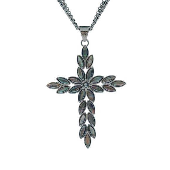 Marked SVD Jewelry - Mother of Pearl Cross Stainless Steel Statement 3 In Pendant 2 Strand Chain